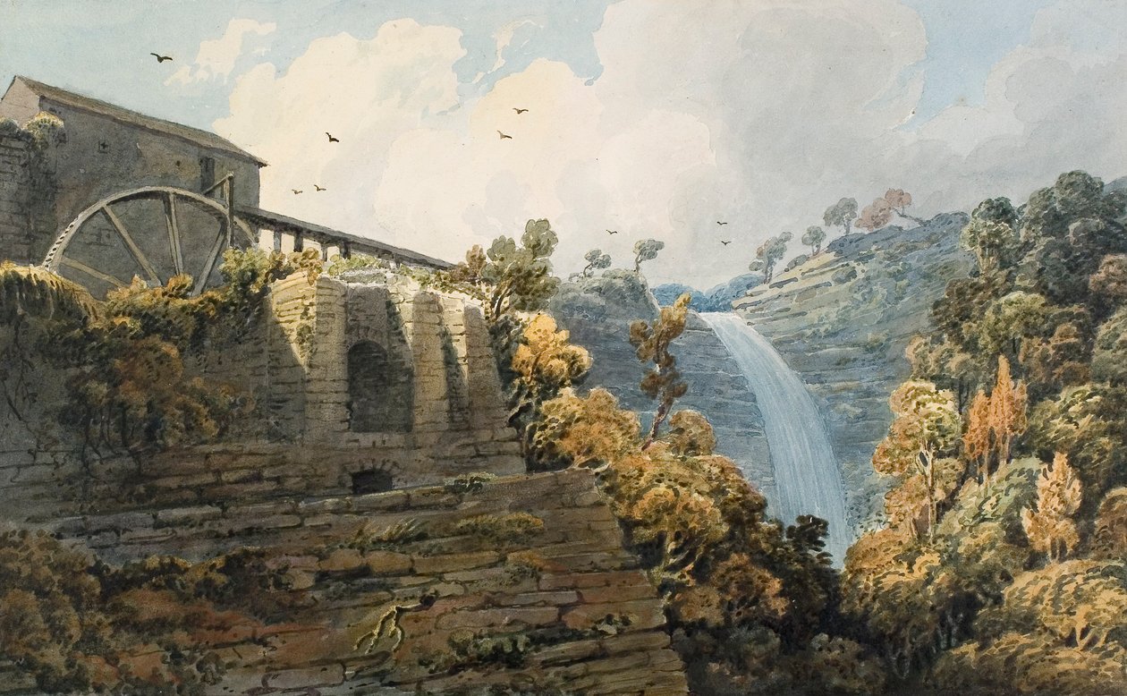 Melincourt kaszkádja és kemence (akvarell és ceruza papíron) alkotó: Thomas Hornor