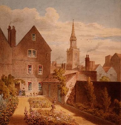Kilátás Mr. Upcott házára és kertjére az Islington templommal a távolban, 1835 körül (akvarell papíron) alkotó: Thomas Hosmer Shepherd