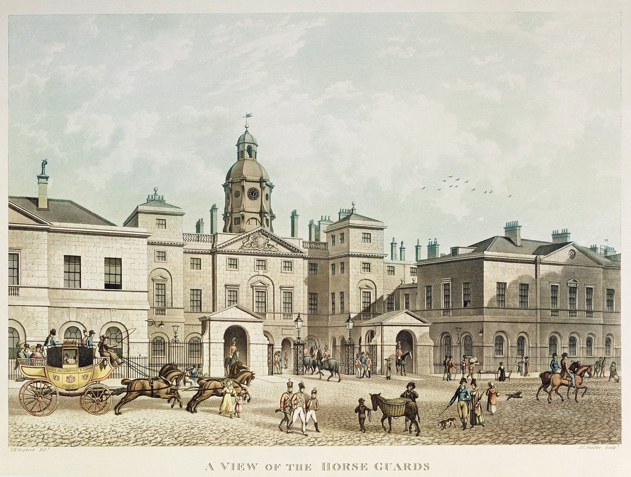 A lóőrök képe a Whitehallból, J.C Sadler metszetével alkotó: Thomas Hosmer Shepherd