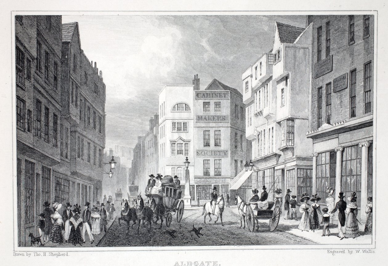 Aldgate, a „London és környéke a tizenkilencedik században” kocsmából. Jones und Co., 1827-1829 alkotó: Thomas Hosmer Shepherd