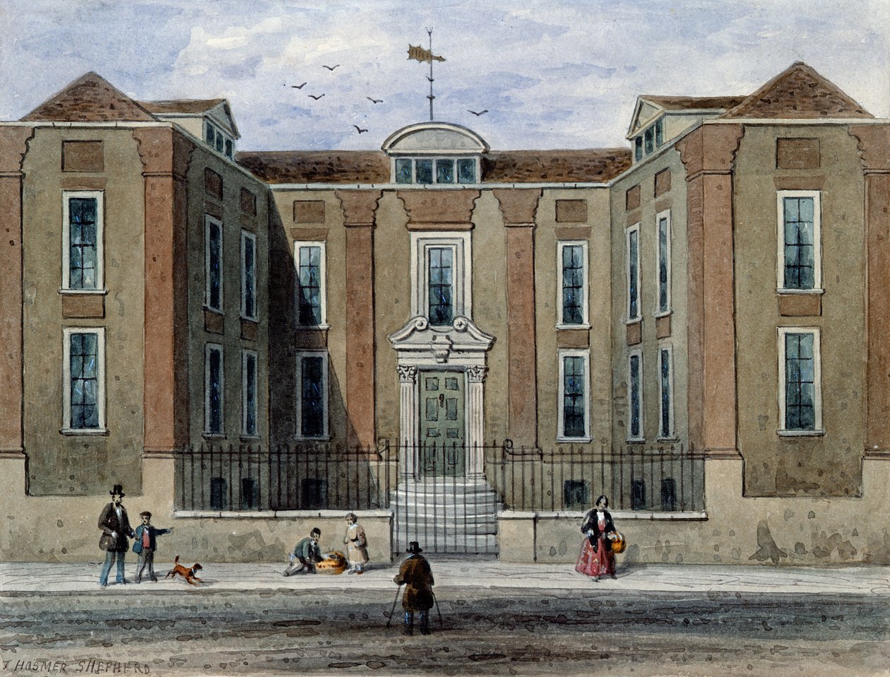 Egy ősi kastély, Pritchett Hall, South Side of Union St., Southwark, 1828 alkotó: Thomas Hosmer Shepherd
