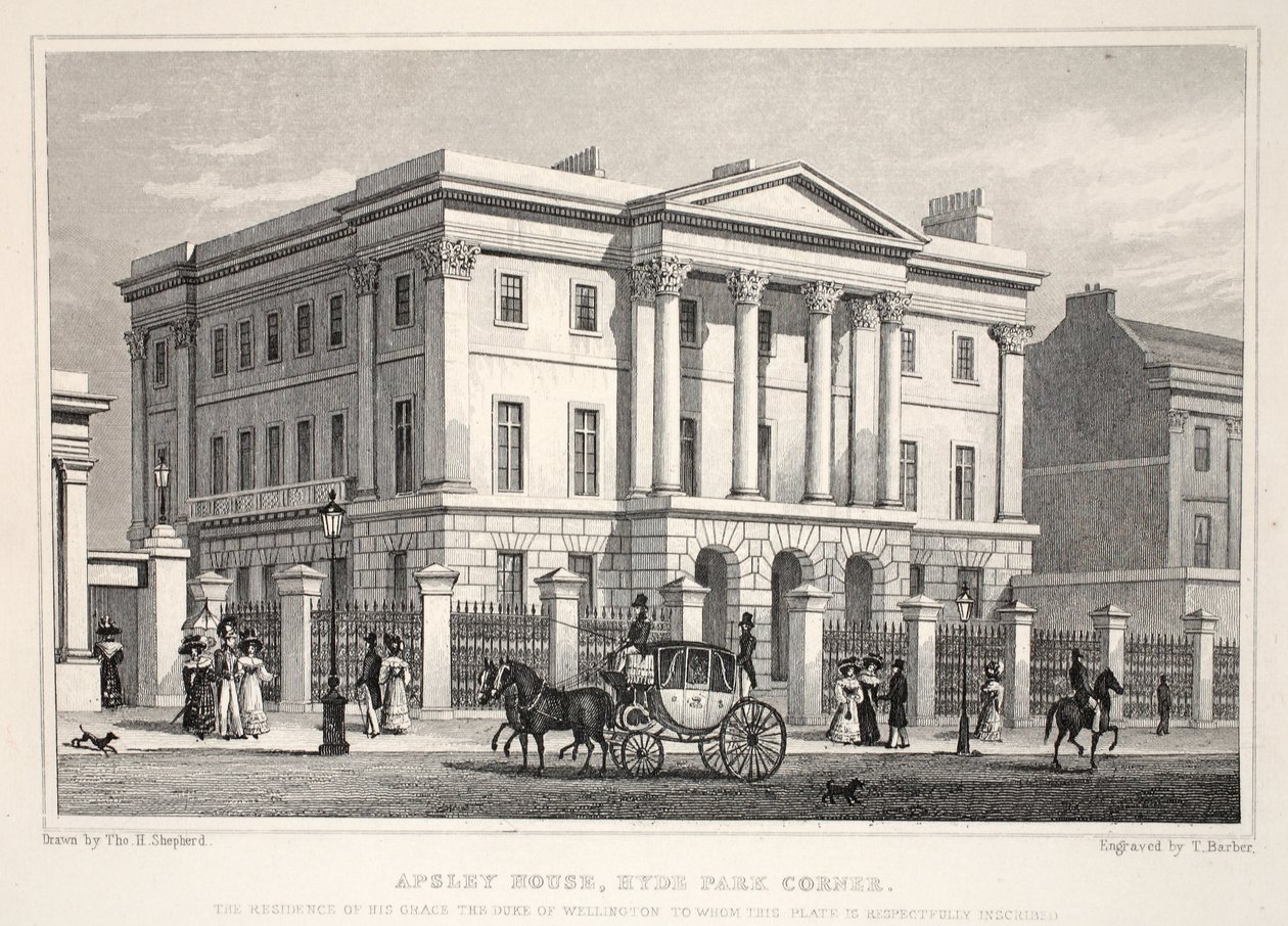 Apsley House, Hyde Park Corner, a „London és környéke a tizenkilencedik században” pubból. Jones und Co., 1827-1829 alkotó: Thomas Hosmer Shepherd
