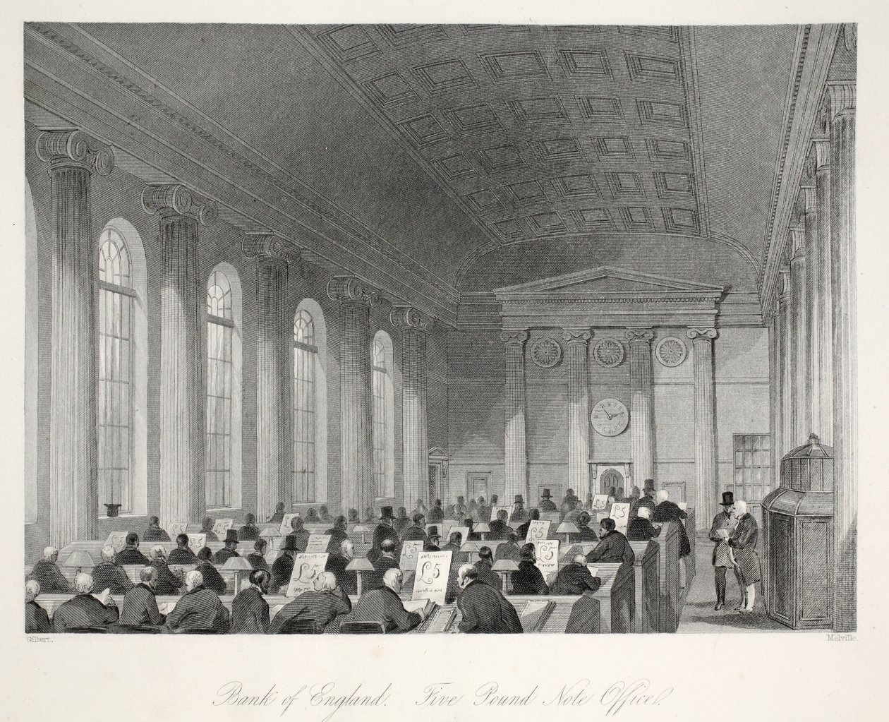 Bank of England – Ötfontos bankjegyiroda, a „London Interiors with their Costumes and Ceremonies” pubból. Joseph Mead, London, 1843 körül (acélmetszet) alkotó: Thomas Hosmer Shepherd