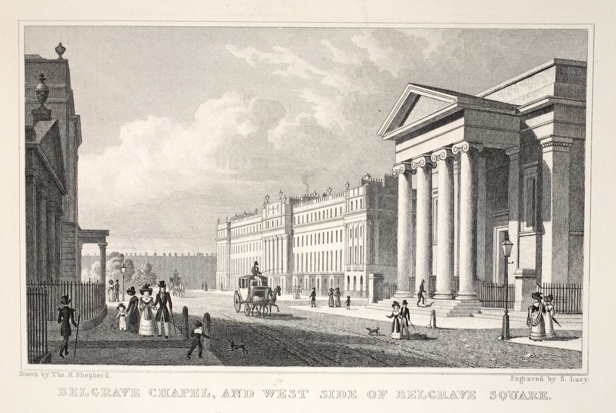 A Belgrave-kápolna és a Belgrave Square nyugati oldala, a „London és környéke a tizenkilencedik században” pubból. Jones und Co., 1827-1829 alkotó: Thomas Hosmer Shepherd