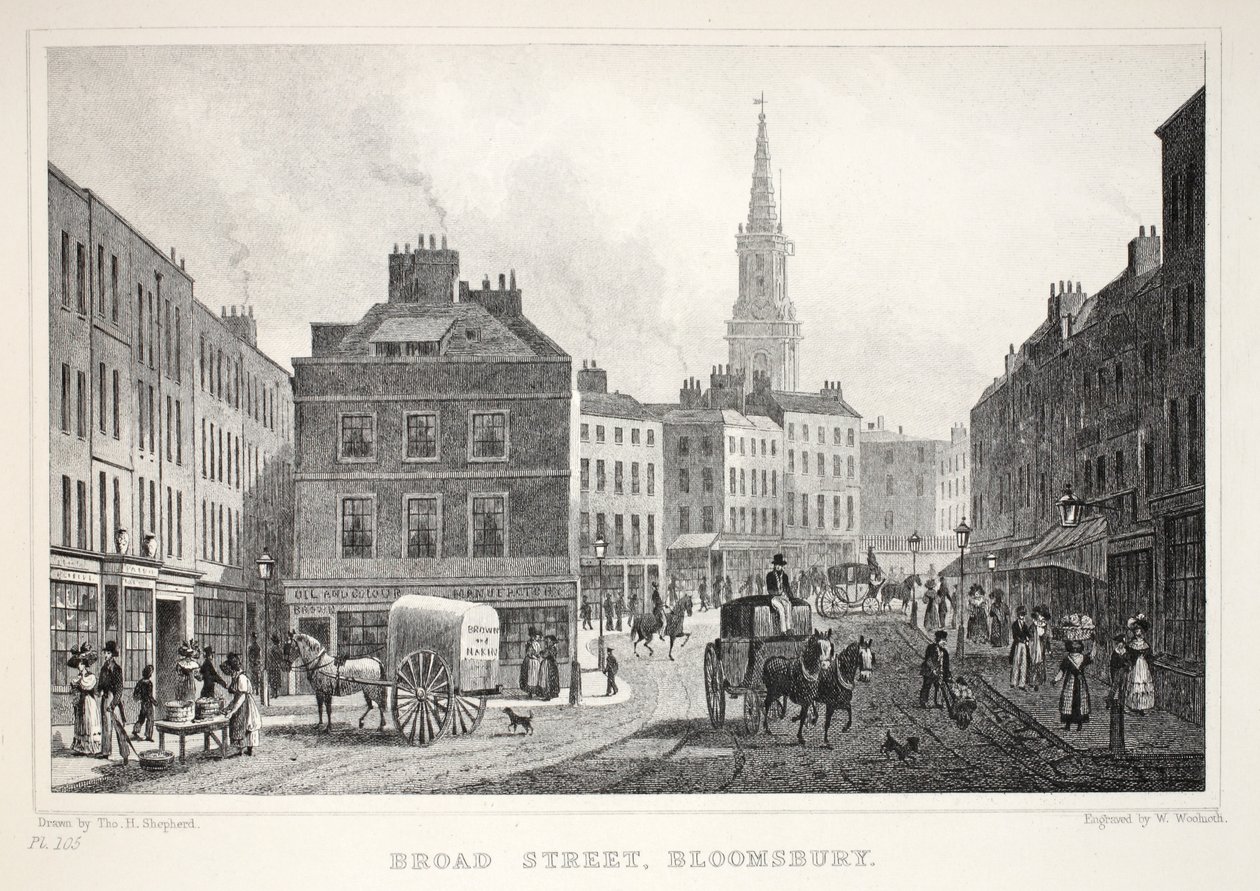 Broad Street, Bloomsbury, a „London és környéke a tizenkilencedik században” kocsmából. Jones und Co., 1827-1829 alkotó: Thomas Hosmer Shepherd