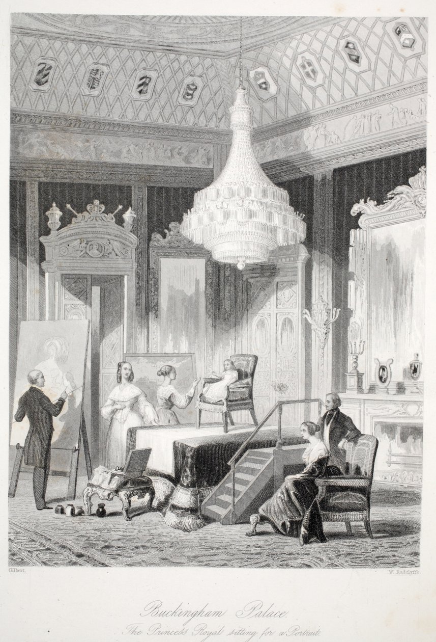 Buckingham-palota - A királyi hercegnő ül egy portréhoz, a London Interiors-tól, a Costumes and Ceremonies pub-tól. Joseph Mead, London, 1843 körüli acélmetszet. alkotó: Thomas Hosmer Shepherd