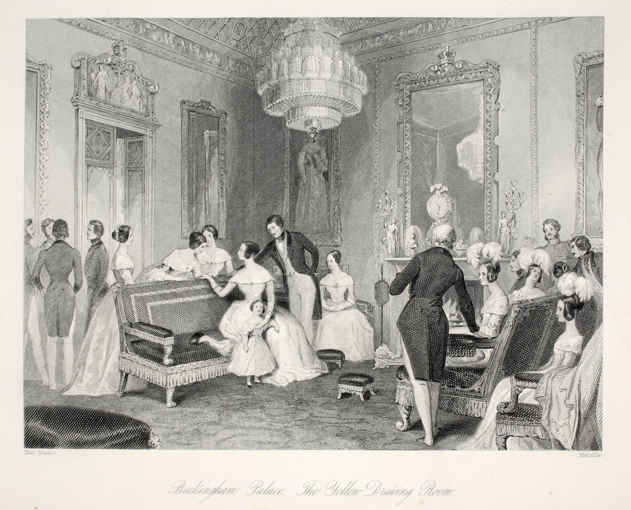 Buckingham-palota, The Yellow Drawing Room, a „Londoni belső terek jelmezeikkel és szertartásaikkal” kocsmából. Joseph Mead, London, 1843 körül (acélmetszet) alkotó: Thomas Hosmer Shepherd