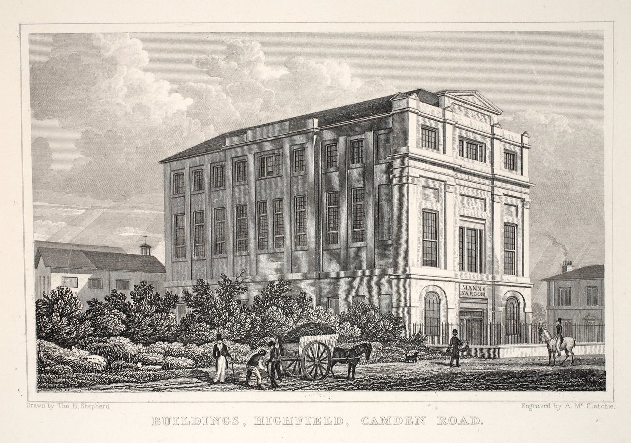Épületek, Highfield, Camden Road, a "London és környéke a tizenkilencedik században" pubból. Jones und Co., 1827-1829 alkotó: Thomas Hosmer Shepherd