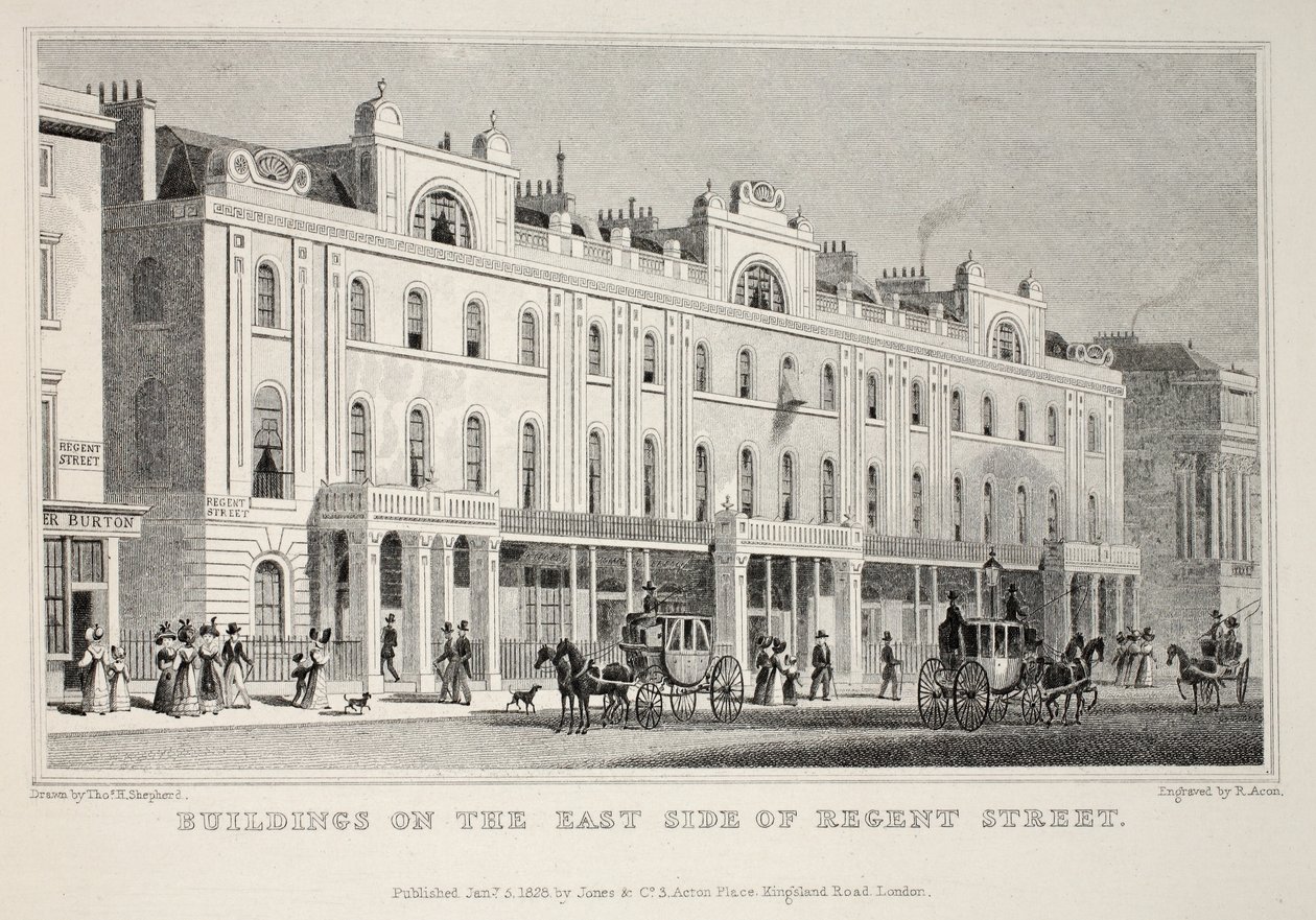 Épületek a Regent Street keleti oldalán, a „London és környéke a tizenkilencedik században” kocsmából. Jones und Co., 1827-1829 alkotó: Thomas Hosmer Shepherd