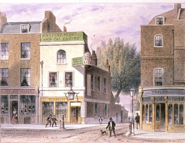 Carved Red Lion Inn, Islington Green, dátum az 1660-as házon alkotó: Thomas Hosmer Shepherd