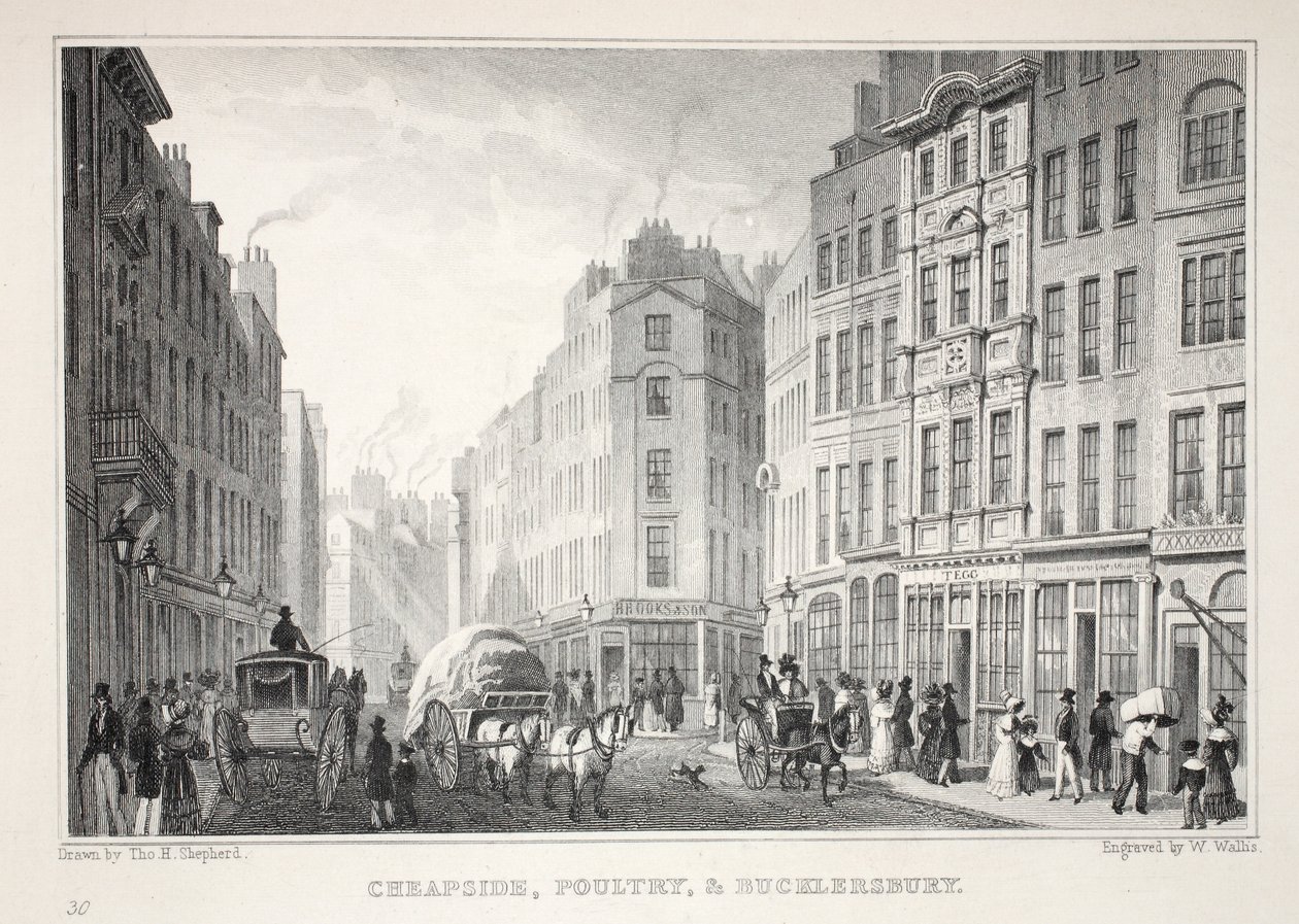 Cheapside, Poultry és Bucklersbury, a „London és környéke a tizenkilencedik században” pubból. Jones und Co., 1827-1829 alkotó: Thomas Hosmer Shepherd