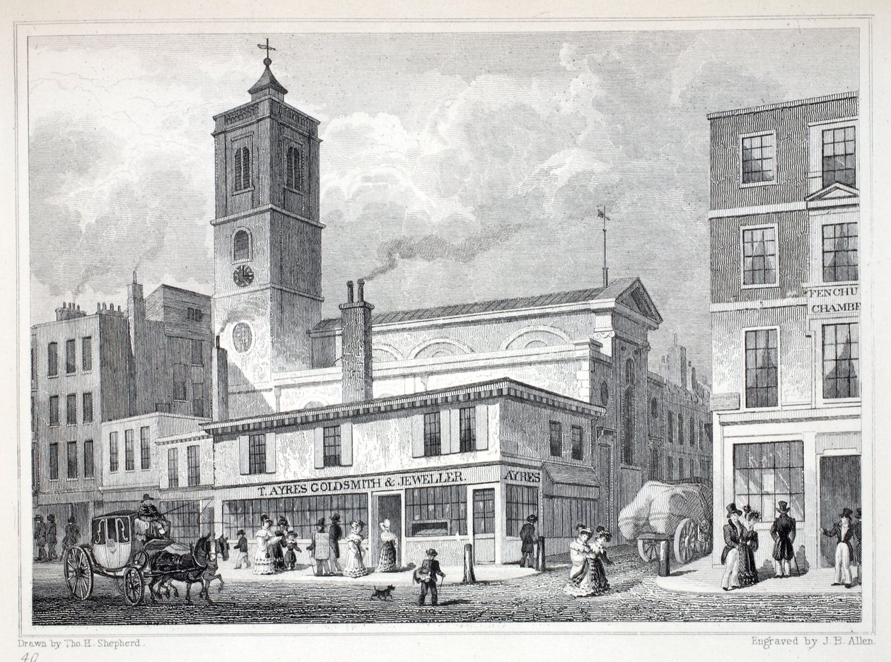 Szent Dionis templom, Backchurch, a "London és környéke a tizenkilencedik században" című kiadványból. Jones und Co., 1827-1829 alkotó: Thomas Hosmer Shepherd