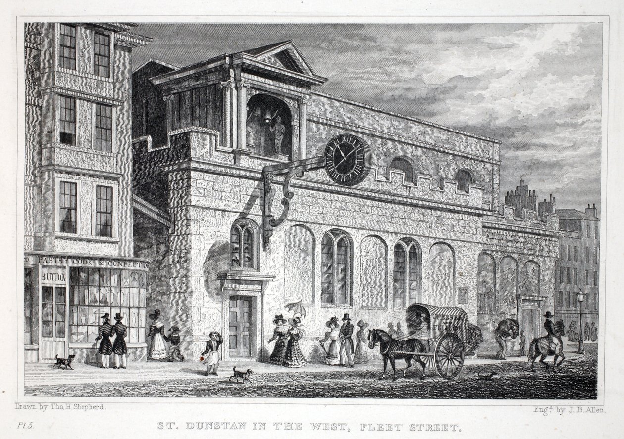 Szent Dunsztán-templom a Fleet Street nyugati részén, a "London és környéke a tizenkilencedik században" pubból. Jones und Co., 1827-1829 alkotó: Thomas Hosmer Shepherd