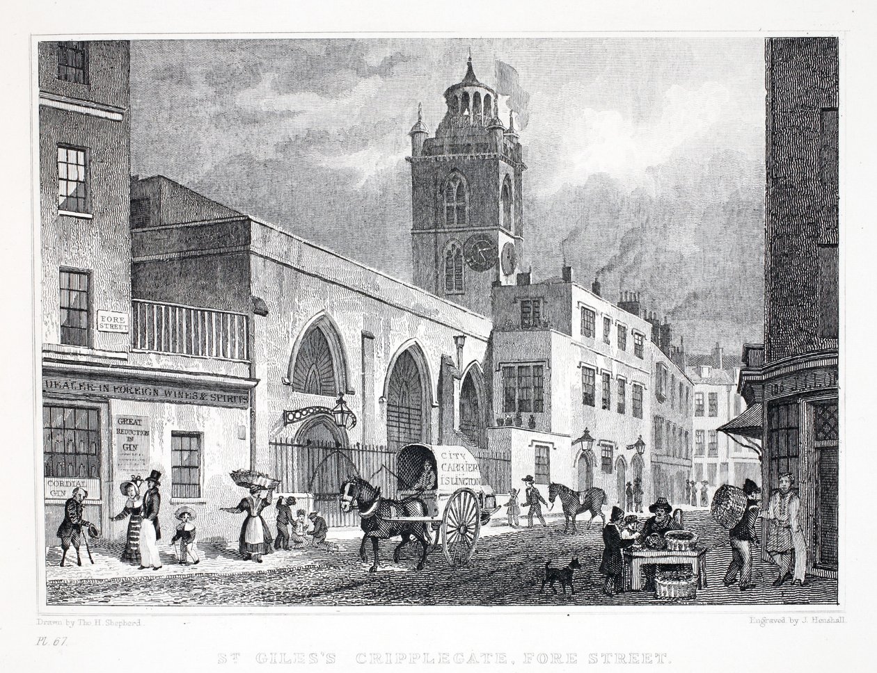 St Giles templom, Cripplegate, a "London és környéke a tizenkilencedik században" pubból. Jones und Co., 1827-1829 alkotó: Thomas Hosmer Shepherd