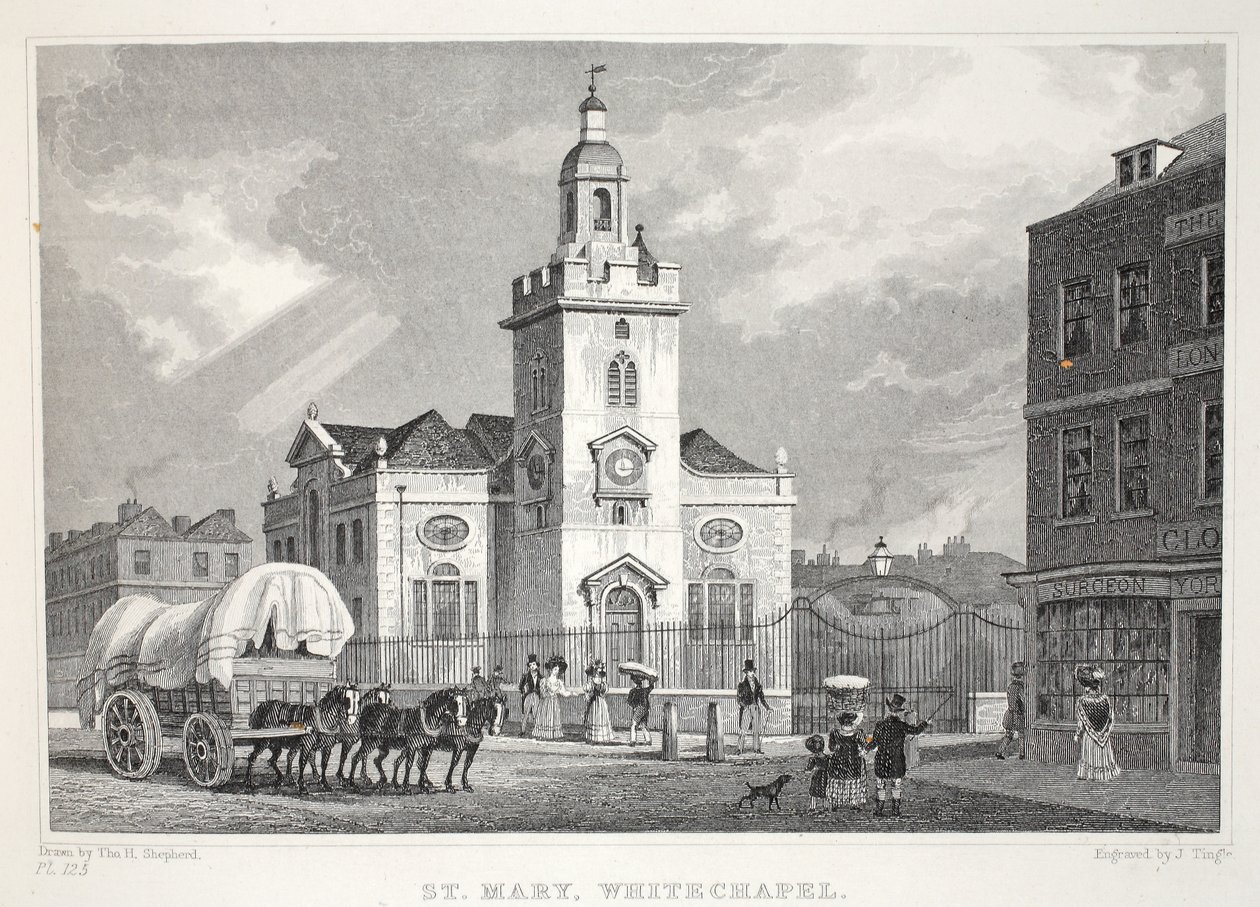 Szent Mária-templom, Whitechapel, a „London és környéke a tizenkilencedik században” kocsmából. Jones und Co., 1827-1829 alkotó: Thomas Hosmer Shepherd