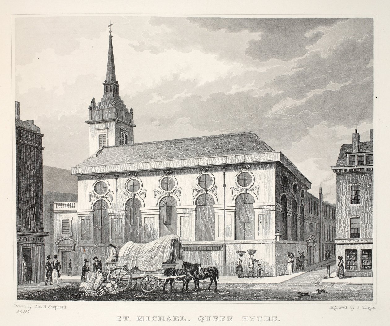 Szent Mihály-templom, Queenhithe, a "London és környéke a tizenkilencedik században" pubból. Jones und Co., 1827-1829 alkotó: Thomas Hosmer Shepherd