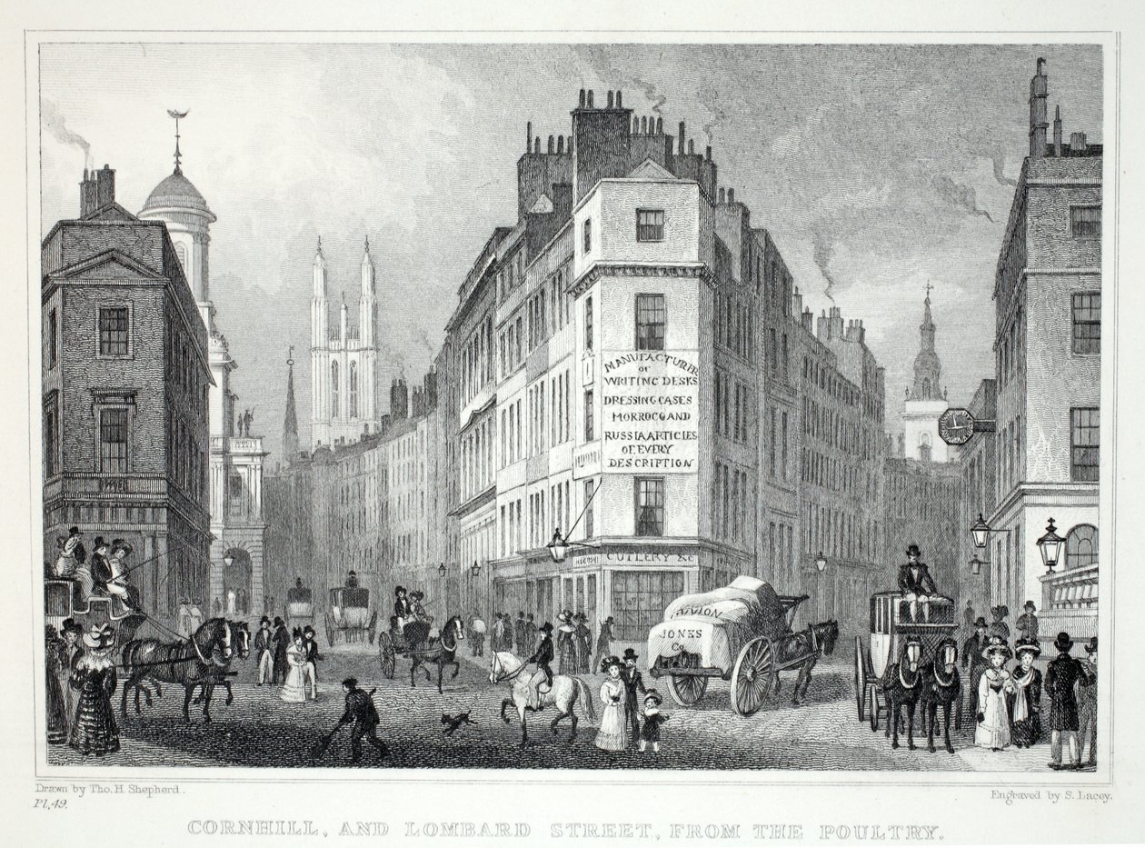 Cornall és Lombard Street, a Poultryből, a „London és környéke a tizenkilencedik században” kocsmából. Jones und Co., 1827-1829 alkotó: Thomas Hosmer Shepherd