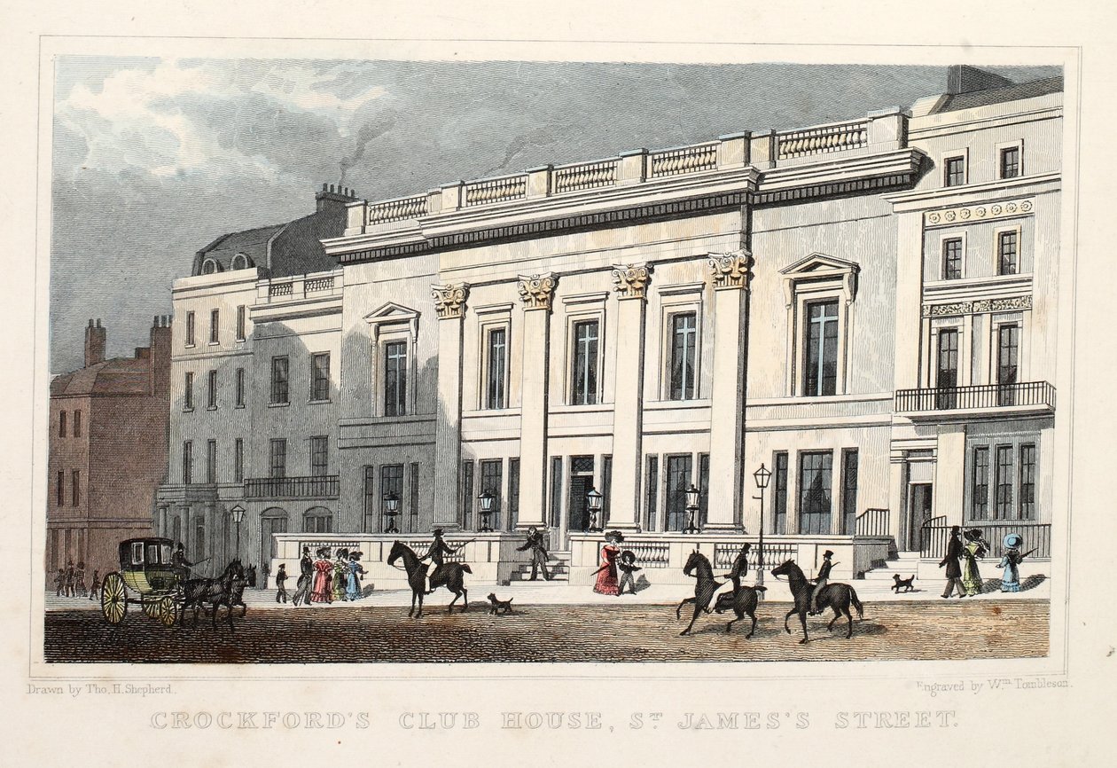 Crockfords Club House, St. James Street. Kocsma. 1828 (kézzel színezett metszet) alkotó: Thomas Hosmer Shepherd