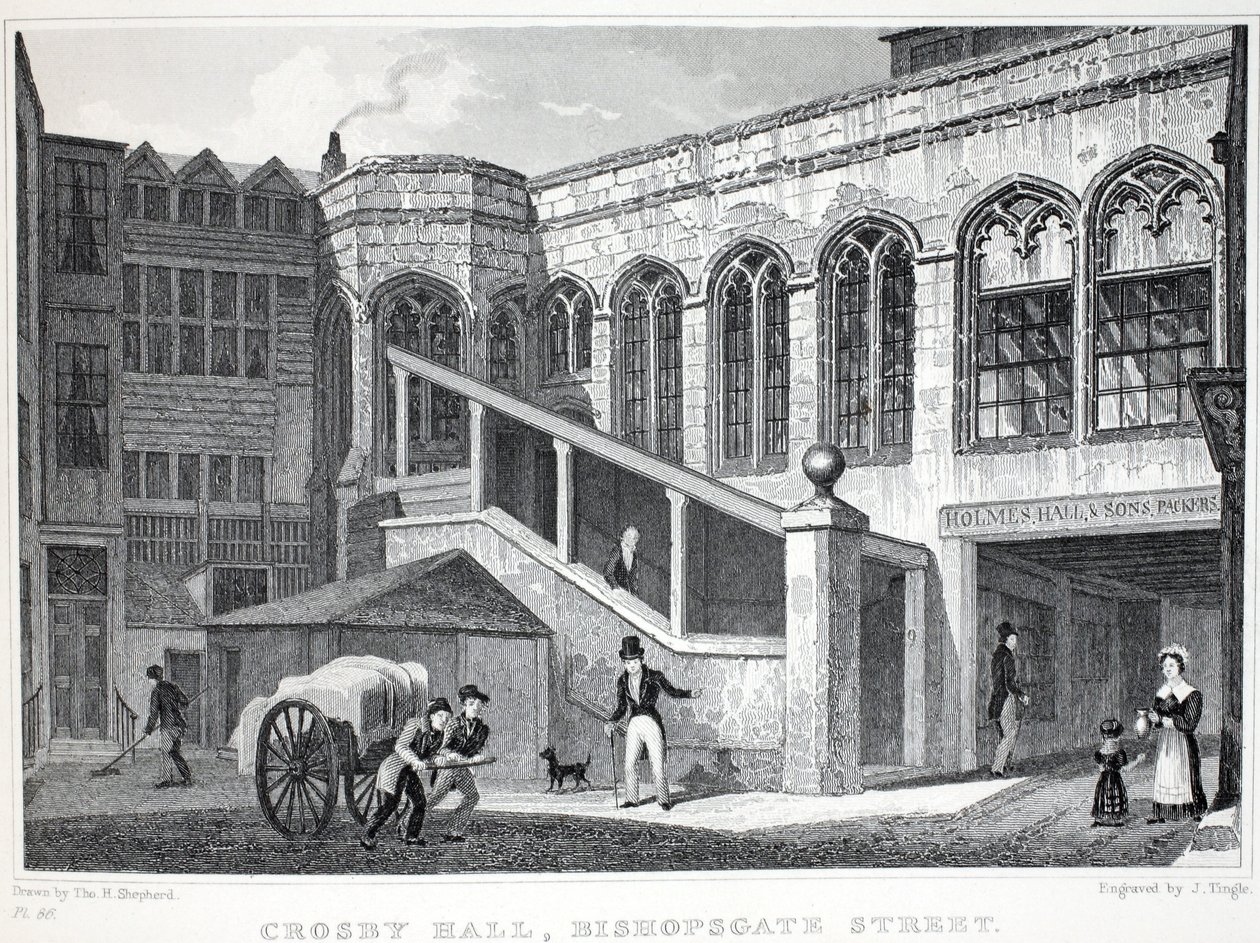 Crosby Hall, a "London és környéke a tizenkilencedik században" pubból. Jones und Co., 1827-1829 alkotó: Thomas Hosmer Shepherd