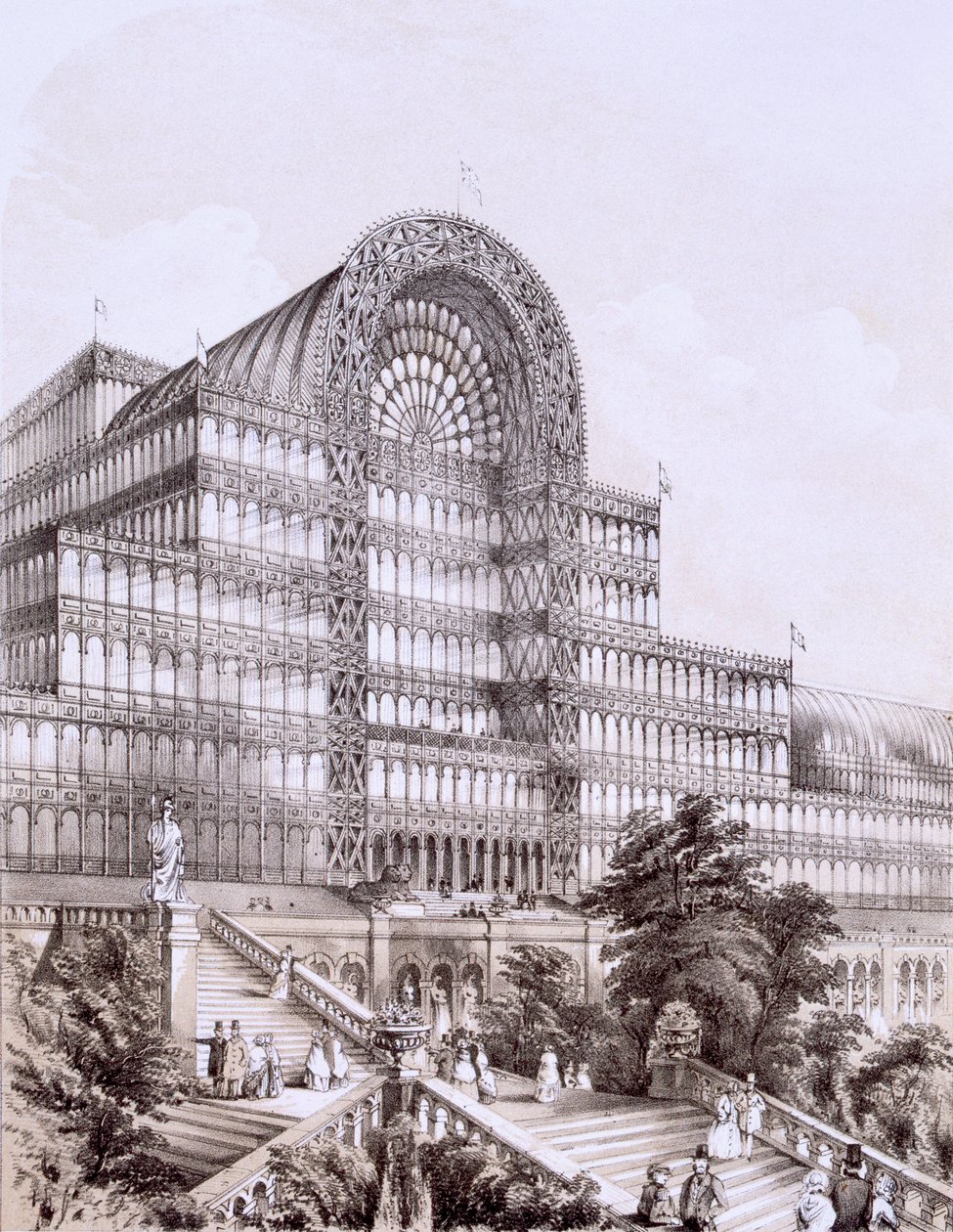 A Sydenham-i Kristálypalota, a Nagy Keresztély homlokzata, 1851-55 körül. alkotó: Thomas Hosmer Shepherd