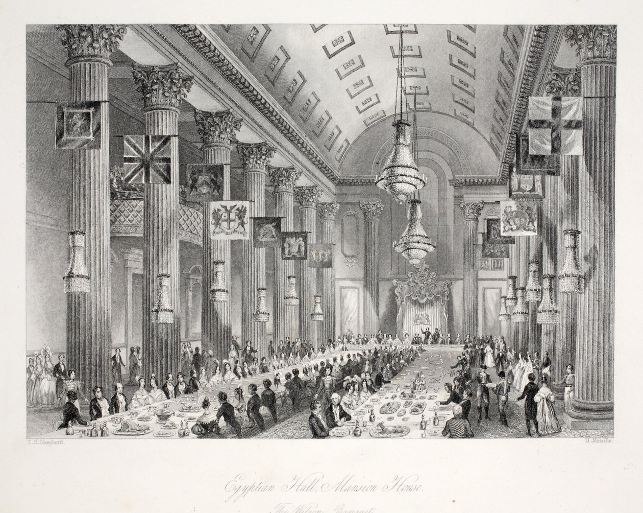 Egyptian Hall, Mansion House, a "London Interiors with their Costumes and Ceremonies" pub. Joseph Mead, London, 1843 körül (acélmetszet). alkotó: Thomas Hosmer Shepherd