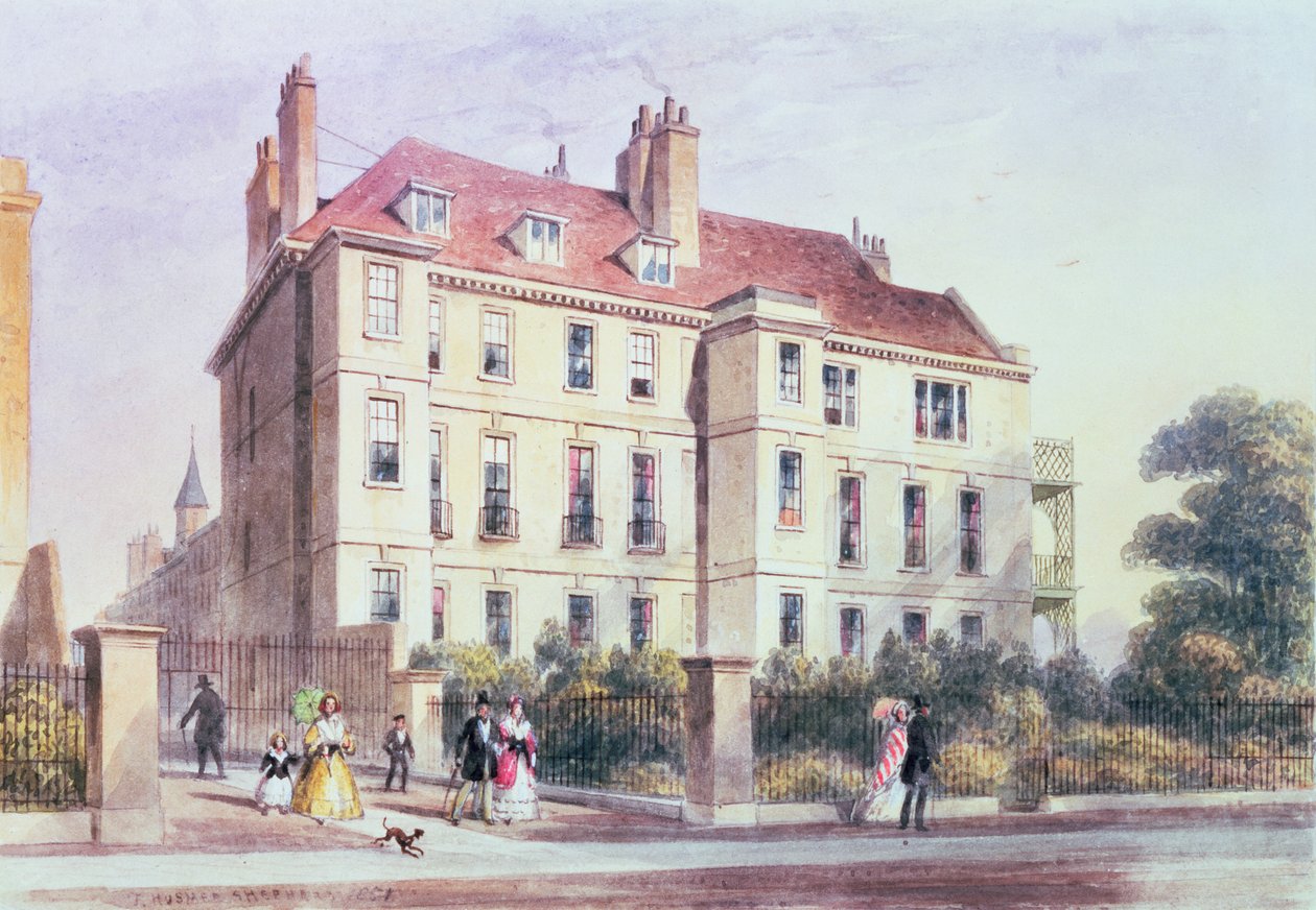 A Queen Square bejárata a Park felől, kilátással Jeremy Bentham házára alkotó: Thomas Hosmer Shepherd