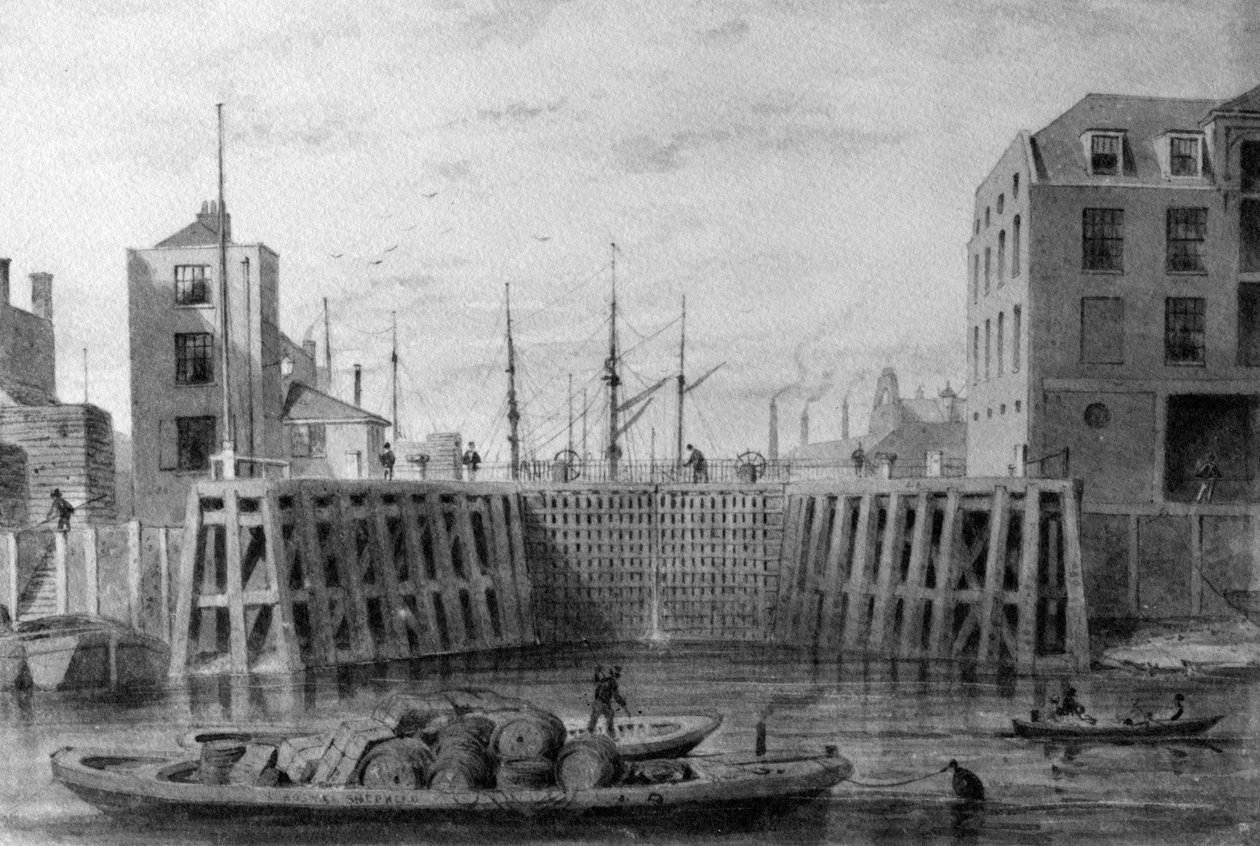 A Limehouse Dock bejárata, 1850 (toll, tinta és mosás papíron) alkotó: Thomas Hosmer Shepherd