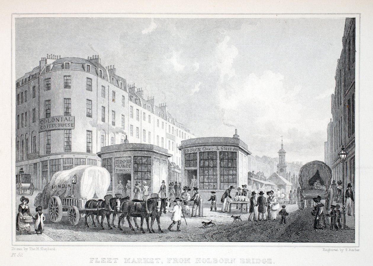 Fleet Street, a Holborn Bridge felől, a „London és környéke a tizenkilencedik században” kocsmából. Jones und Co., 1827-1829 alkotó: Thomas Hosmer Shepherd