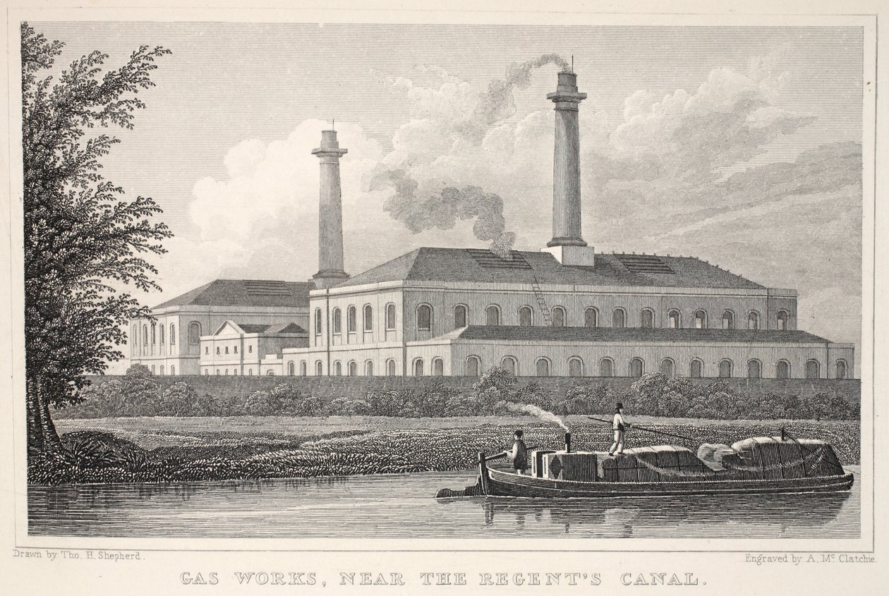 Gas Works, a Regents-csatorna közelében, a „London és környéke a tizenkilencedik században” kocsmából. Jones und Co., 1827-1829 alkotó: Thomas Hosmer Shepherd