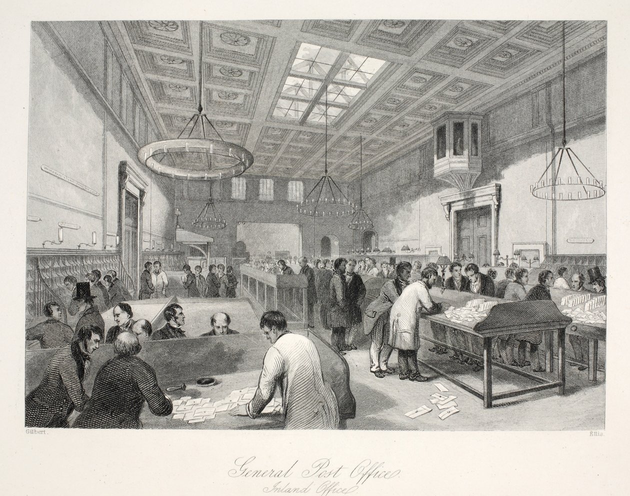 General Post Office, Inland Office, a "London Interiors with their Costumes and Ceremonies" pub. Joseph Mead, London, 1843 körül (acélmetszet). alkotó: Thomas Hosmer Shepherd