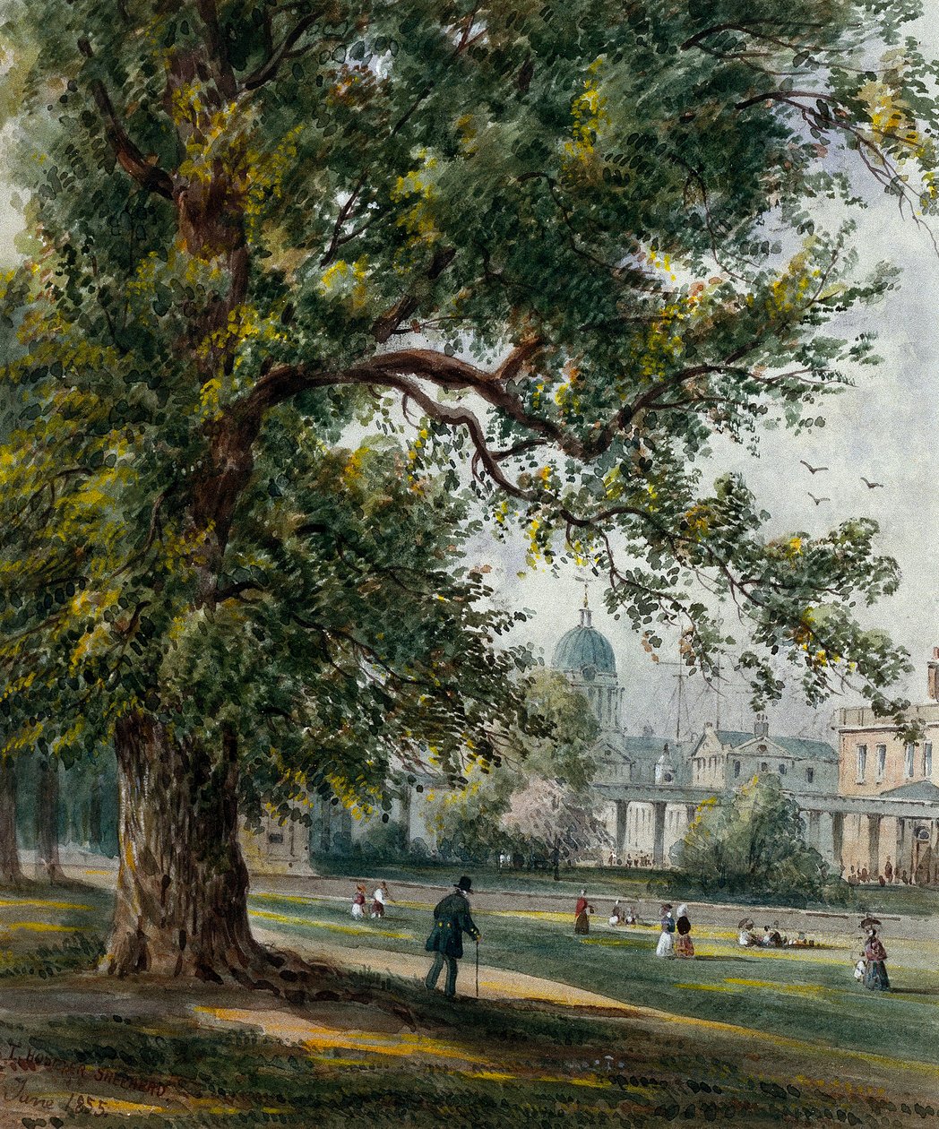 Greenwichi kórház a parkból, 1855 június (akvarell grafittal) alkotó: Thomas Hosmer Shepherd