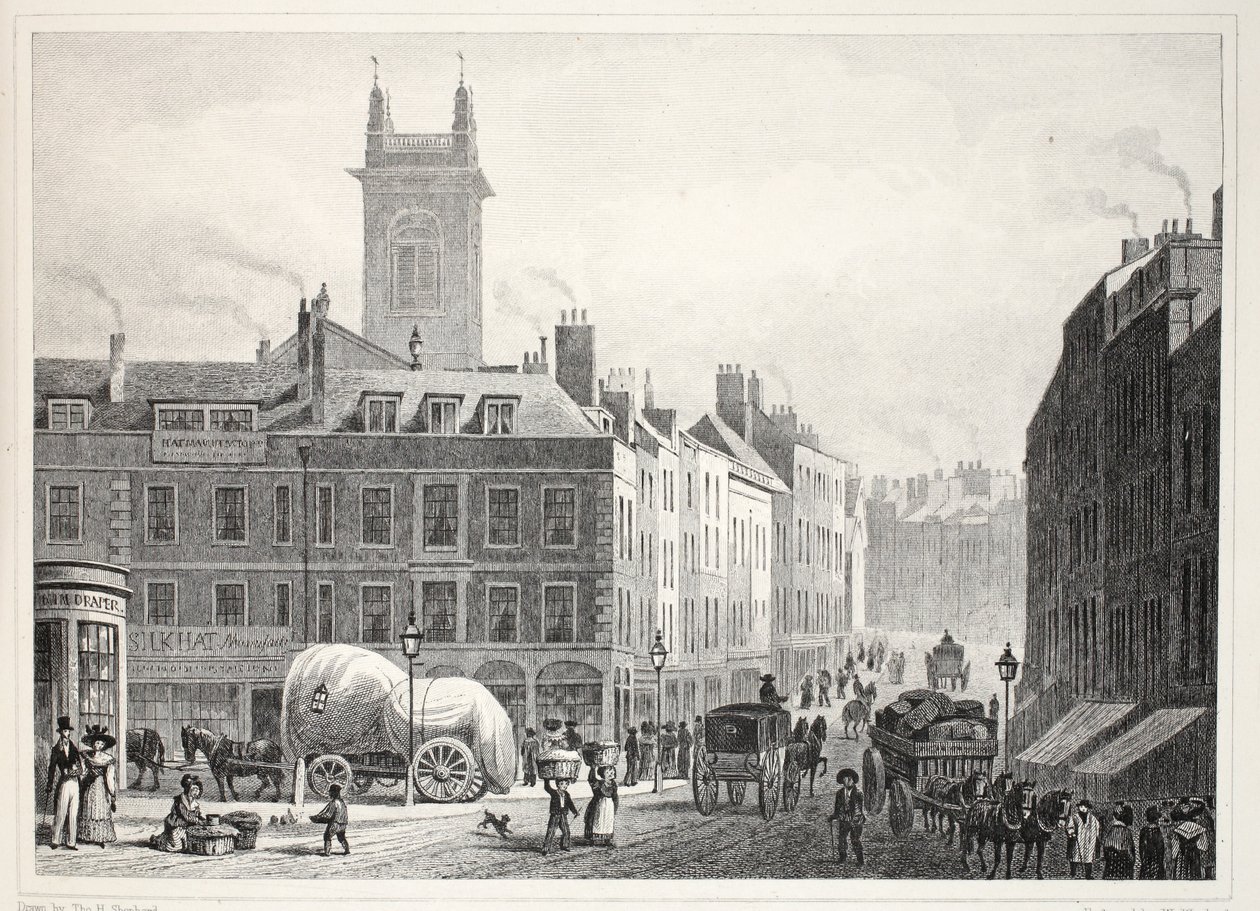 Holborn-híd, Szent András-templom stb. a „London és környéke a tizenkilencedik században” kocsmából. Jones und Co., 1827-1829 alkotó: Thomas Hosmer Shepherd