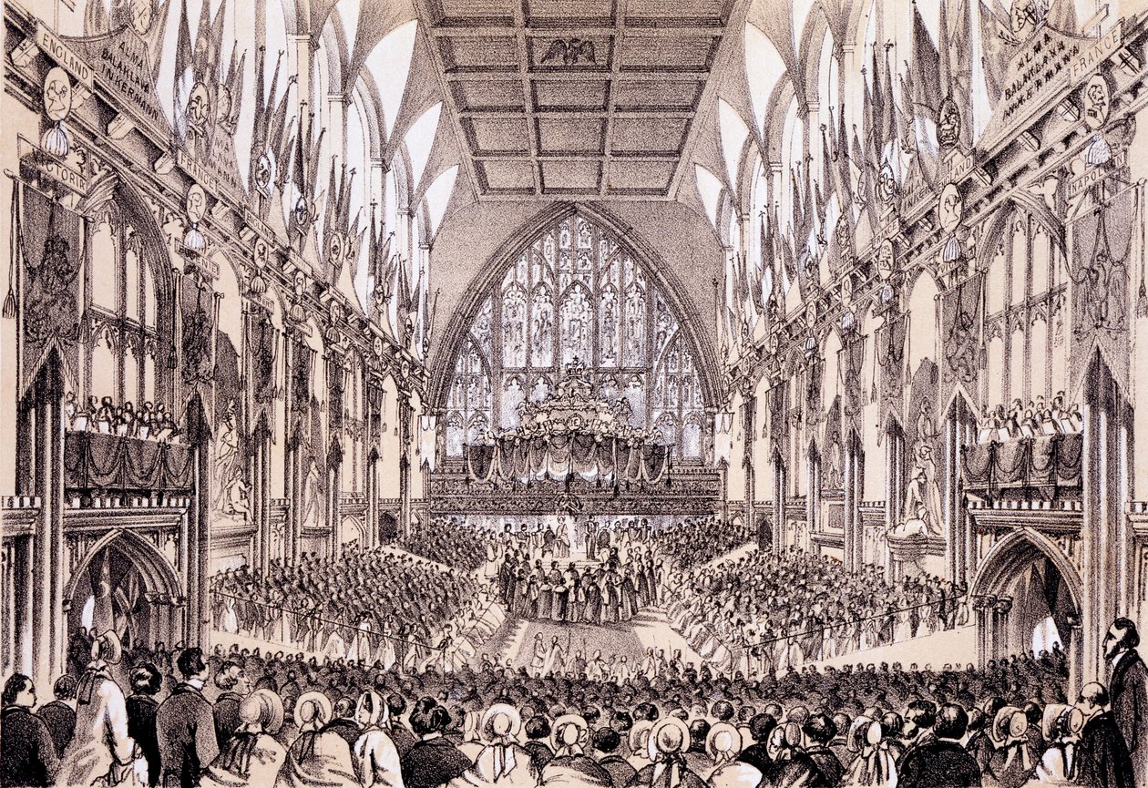A Guildhall belseje – A Lord Mayor és a társaság bemutatja beszédét a francia császárnak és császárnőnek, 1855. április 19. alkotó: Thomas Hosmer Shepherd