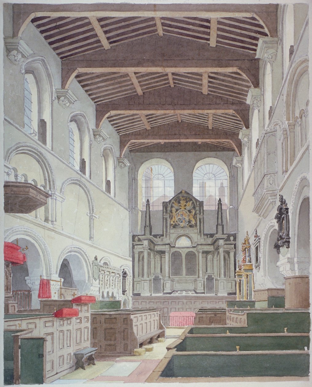 A Szent Bertalan-templom belső képe, Smithfield, London City, 1821. alkotó: Thomas Hosmer Shepherd