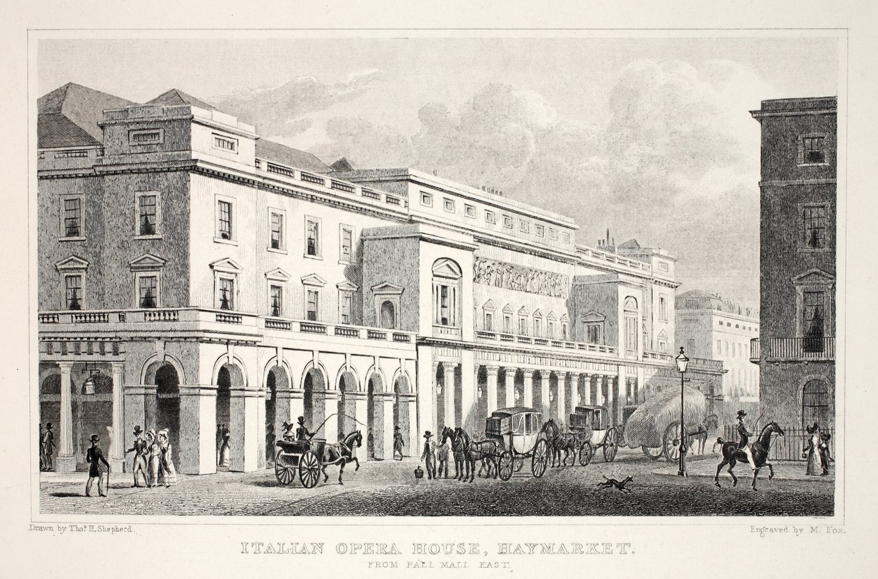 Olasz Operaház, Haymarket, a "London és környéke a tizenkilencedik században" pubból. Jones und Co., 1827-1829 alkotó: Thomas Hosmer Shepherd