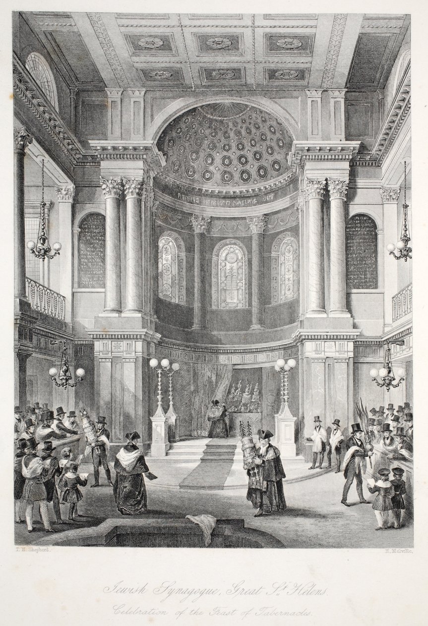 Zsidó zsinagóga, Great St Helens, a "London Interiors with their Costumes and Ceremonies" pub. Joseph Mead, London, 1843 körül (acélmetszet). alkotó: Thomas Hosmer Shepherd