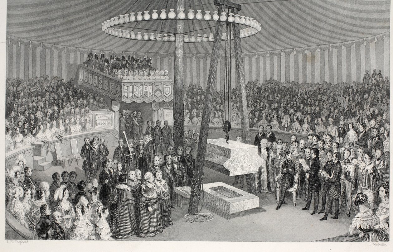 A New Royal Exchange első kövének lerakása a „London Interiors with their Costumes and Ceremonies” kocsmából. Joseph Mead, London, 1843 körül (acélmetszet) alkotó: Thomas Hosmer Shepherd