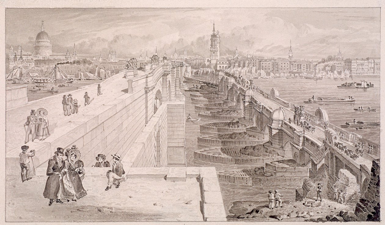 London Bridge Old and New, London, 1831 alkotó: Thomas Hosmer Shepherd