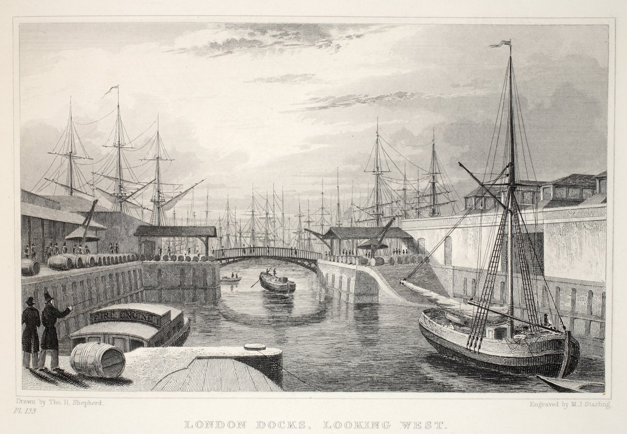 London Docks, nyugati irányban, a "London és környéke a tizenkilencedik században" pubból. Jones und Co., 1827-1829 alkotó: Thomas Hosmer Shepherd