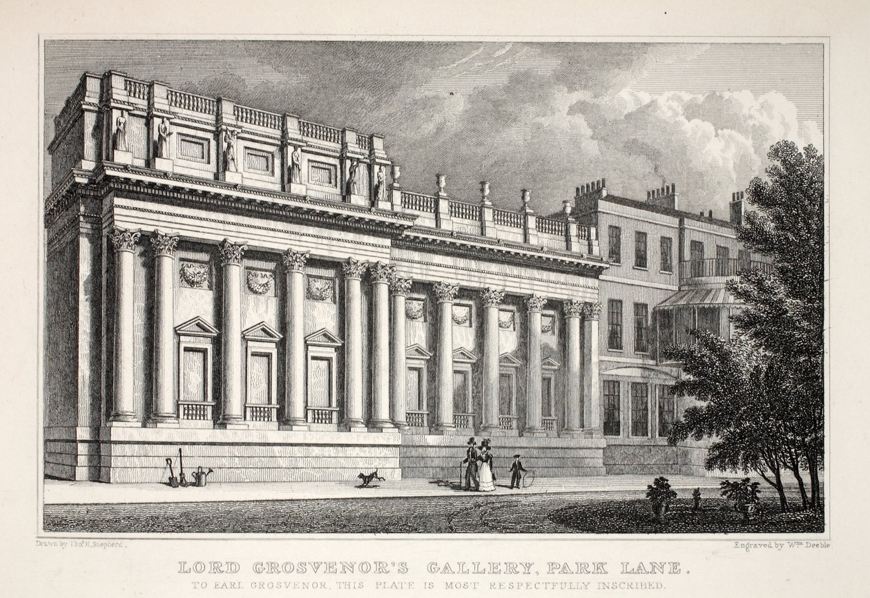 Lord Grosevenor galériája, Park Lane, a „London és környéke a tizenkilencedik században” kocsmából. Jones und Co., 1827-1829 alkotó: Thomas Hosmer Shepherd