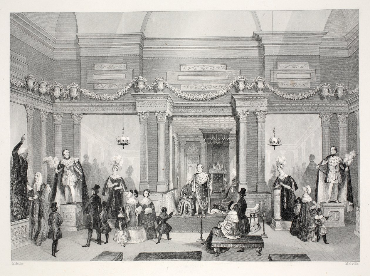 Madame Tussaud viaszmunkák kiállítása, a „Londoni belső terek jelmezeikkel és szertartásaikkal” kocsmából. Joseph Mead, London, 1843 körül (acélmetszet) alkotó: Thomas Hosmer Shepherd