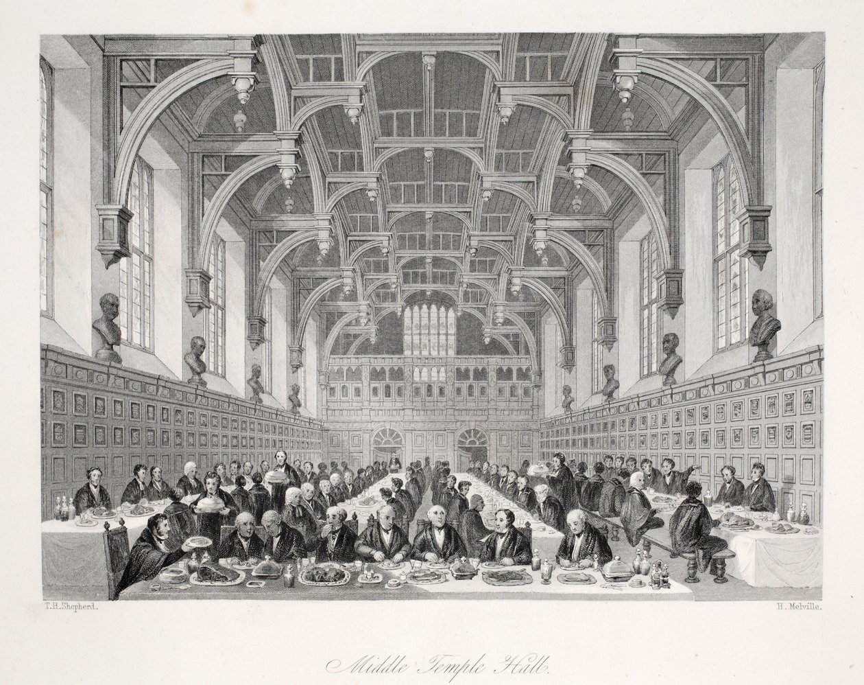 Middle Temple Hall, a "London Interiors with their Costumes and Ceremonies" pub. Joseph Mead, London, 1843 körül (acélmetszet). alkotó: Thomas Hosmer Shepherd