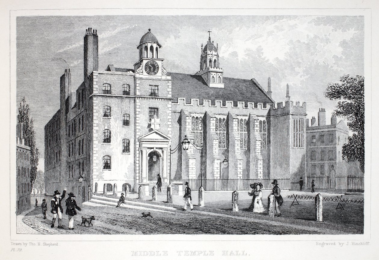 Middle Temple, a "London és környéke a tizenkilencedik században" pubból. Jones und Co., 1827-1829 alkotó: Thomas Hosmer Shepherd