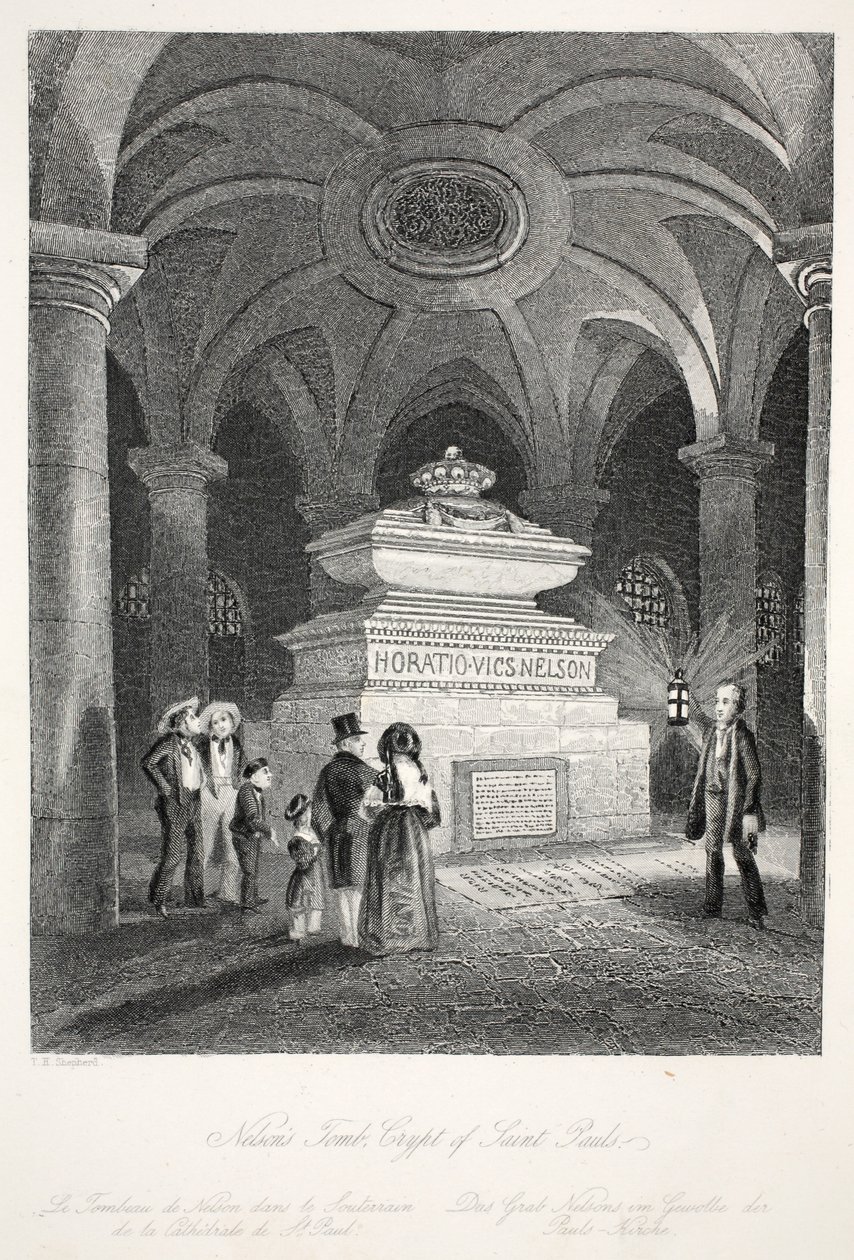 Nelson sírja a Szent Pál kriptában, a „London Interiors a jelmezeikkel és szertartásaikkal” kocsmából. Joseph Mead, London, 1843 körül (acélmetszet) alkotó: Thomas Hosmer Shepherd