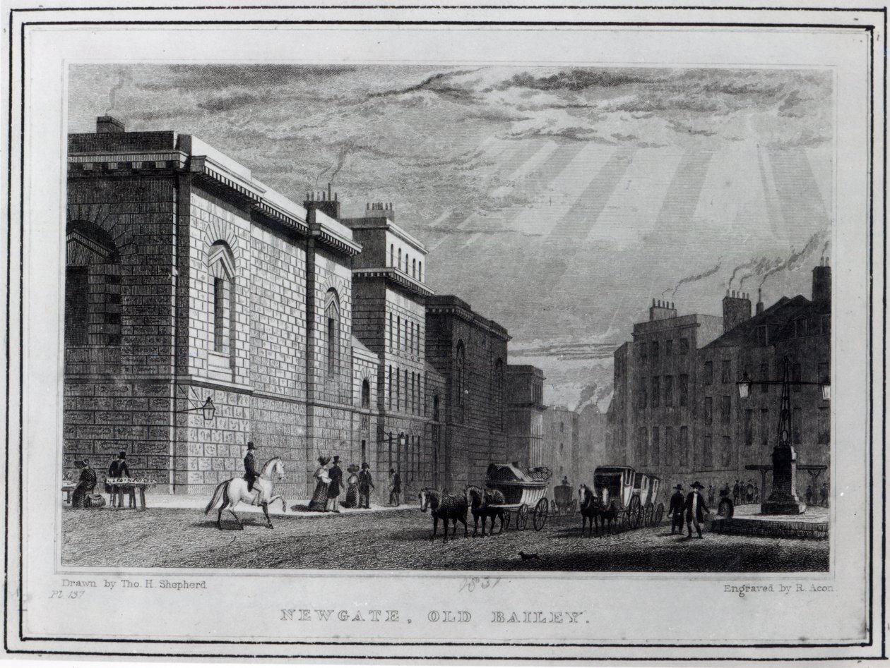Newgate börtön és az Old Bailey, Robert Acon metszete, 1831 alkotó: Thomas Hosmer Shepherd