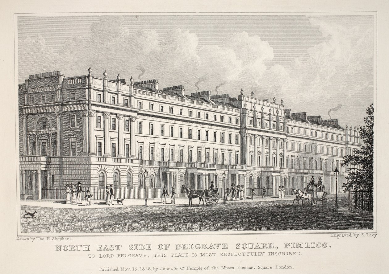 A Belgrave Square északkeleti oldala, Pimlico, a "London és környéke a tizenkilencedik században" pubból. Jones und Co., 1827-1829 alkotó: Thomas Hosmer Shepherd