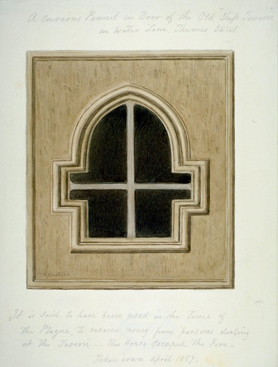 Panel a Ship Tavern ajtajában, Water Lane, City of London, 1857. alkotó: Thomas Hosmer Shepherd