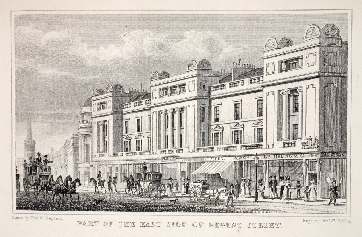 A Regent Street keleti részének része, a „London és környéke a tizenkilencedik században” kocsmából. Jones und Co., 1827-1829 alkotó: Thomas Hosmer Shepherd