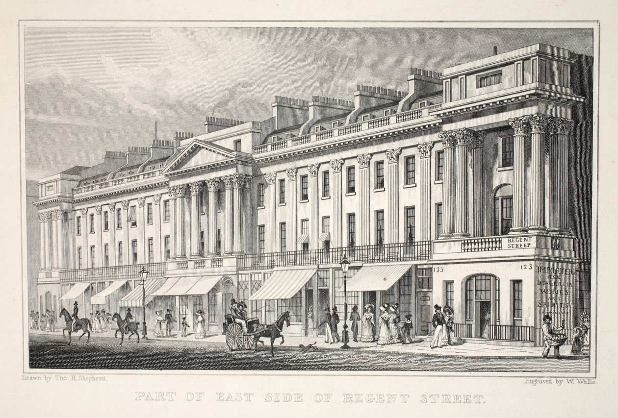 A Regent Street keleti részének része, a „London és környéke a tizenkilencedik században” kocsmából. Jones und Co., 1827-1829 alkotó: Thomas Hosmer Shepherd