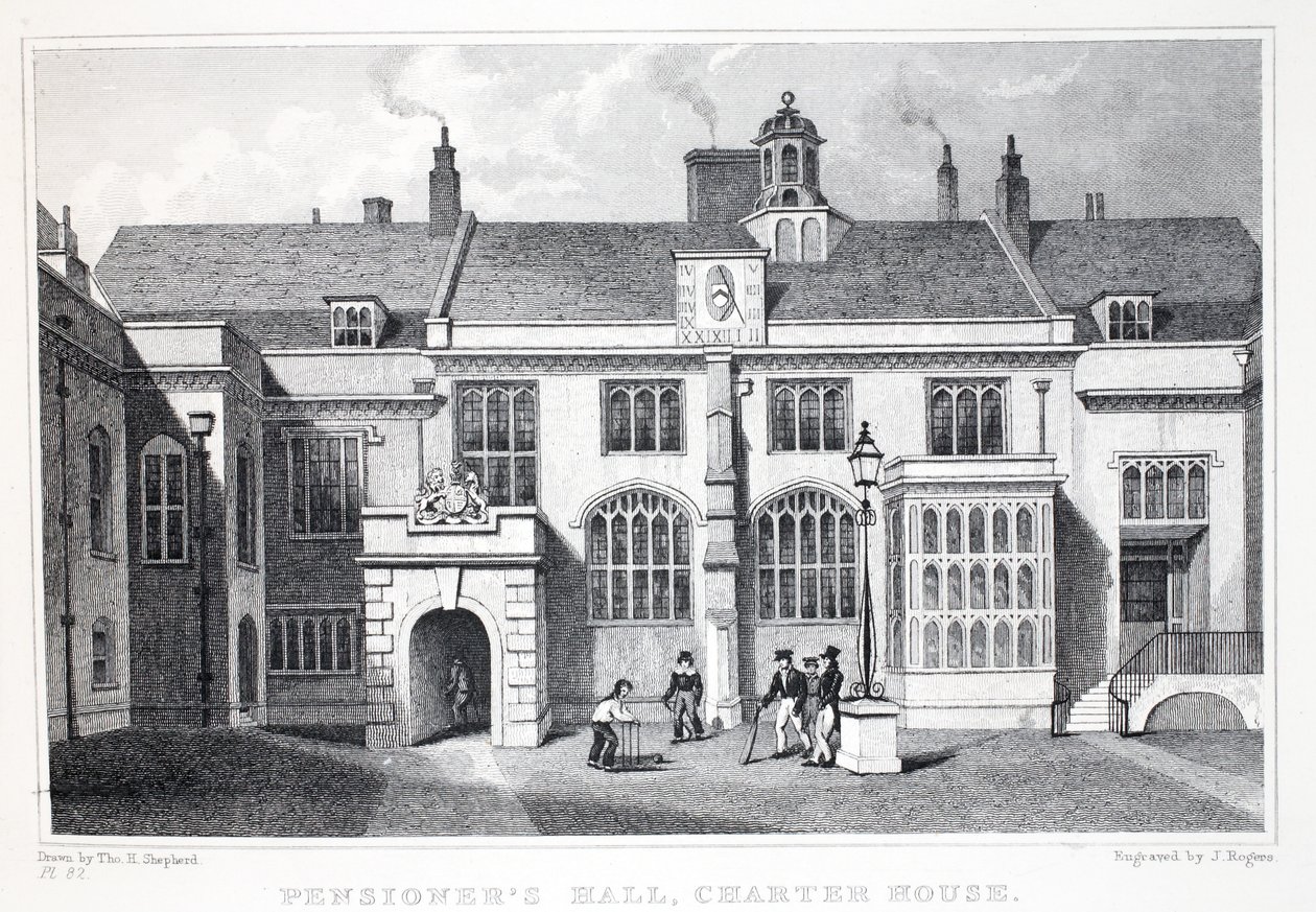 Nyugdíjas Hall, Charter House, a „London és környéke a tizenkilencedik században” pubból. Jones und Co., 1827-1829 alkotó: Thomas Hosmer Shepherd